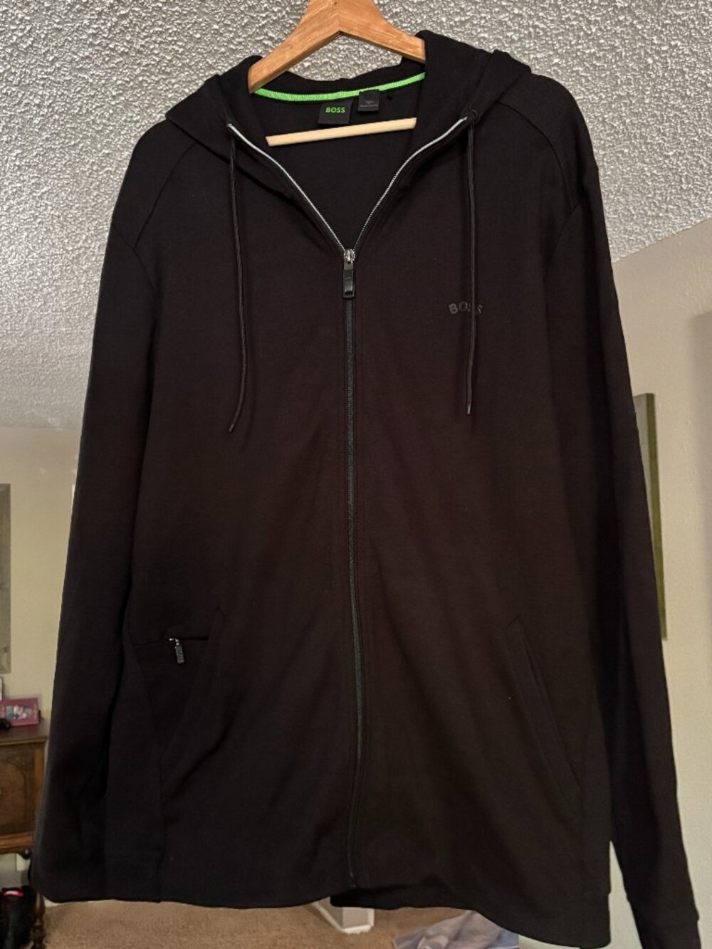 Hugo Boss Men's Size XXL Black Full Zip Hooded Sweatshirt Green Accents